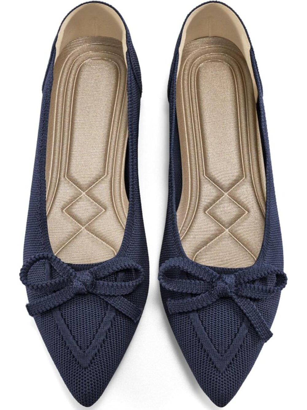 Women's Blue Ballet Flats Pointed Toe Bow Knit Comfortable Slip On Casual Shoes